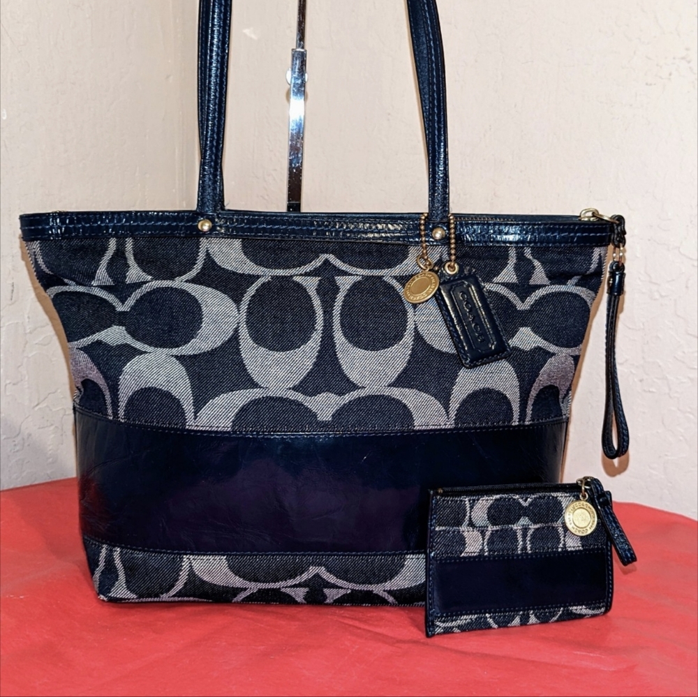 Coach VTG Denim  Signature Tote Shoulderbag Satchel Carryall w/Match ID Wallet